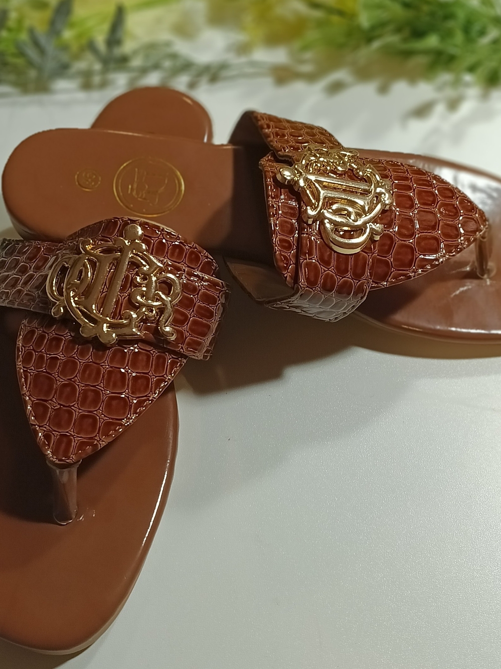 New Women's Brown Croc-Embossed Thong Sandals - Ornate Gold Logo Size US 6 (36 )